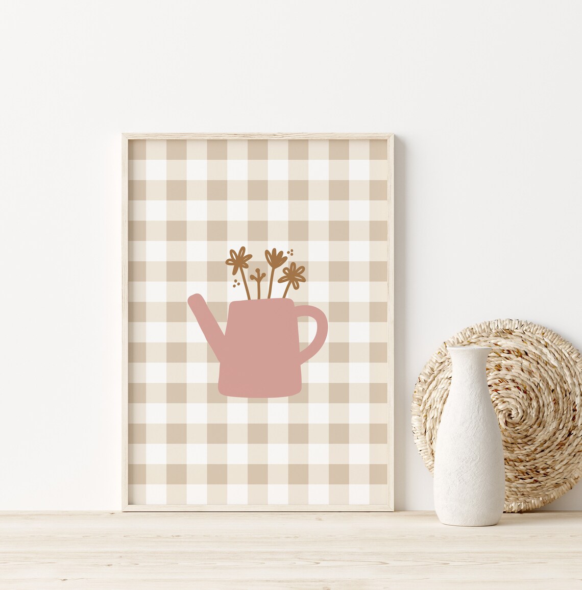 Gingham Teapot Flower Print, Girls Room Wall Art