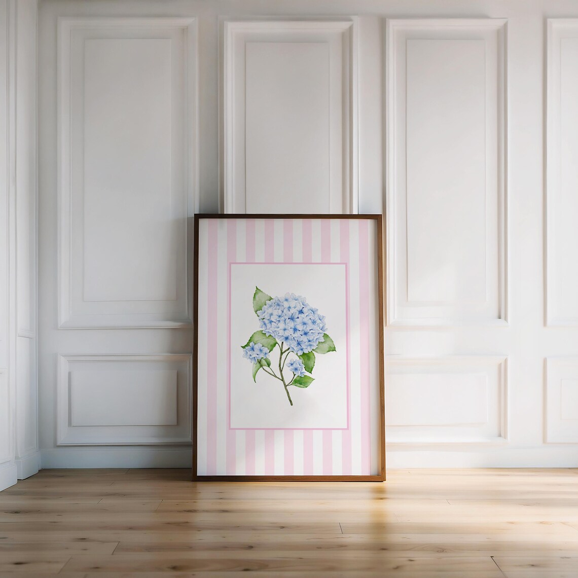 Blue Hydrangea Watercolor Pink Striped Preppy Floral Bedroom Poster - Image 2