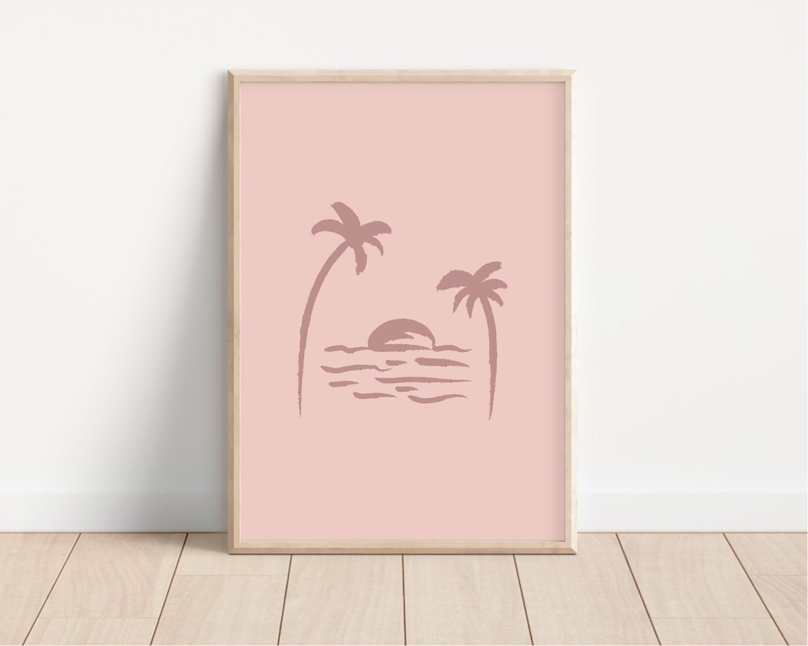 Pink Palm Tree Sunset Beachy Coastal Nursery Kids Room Art Poster