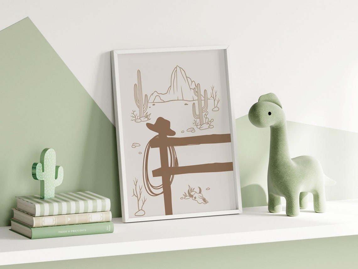 Western Desert Cowboy Silhouette Nursery Cactus Line Art Poster - Image 3
