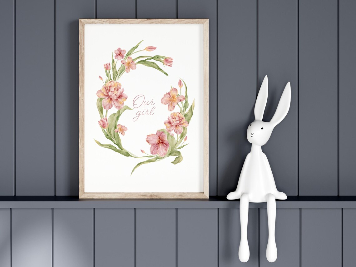 Our Girl Floral Wreath Watercolor Poster Pink Girls Nursery Art Design - Image 4