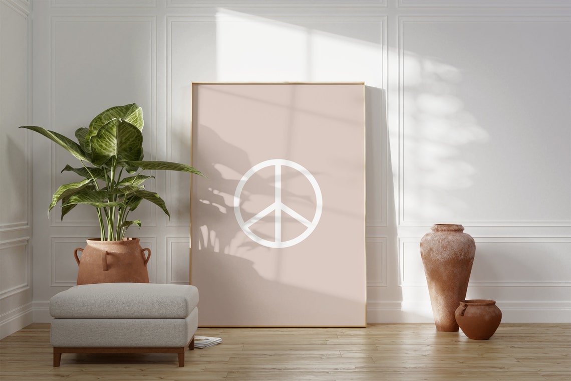 Blush Pink Peace Symbol White Graphic Retro Minimalist Art Poster