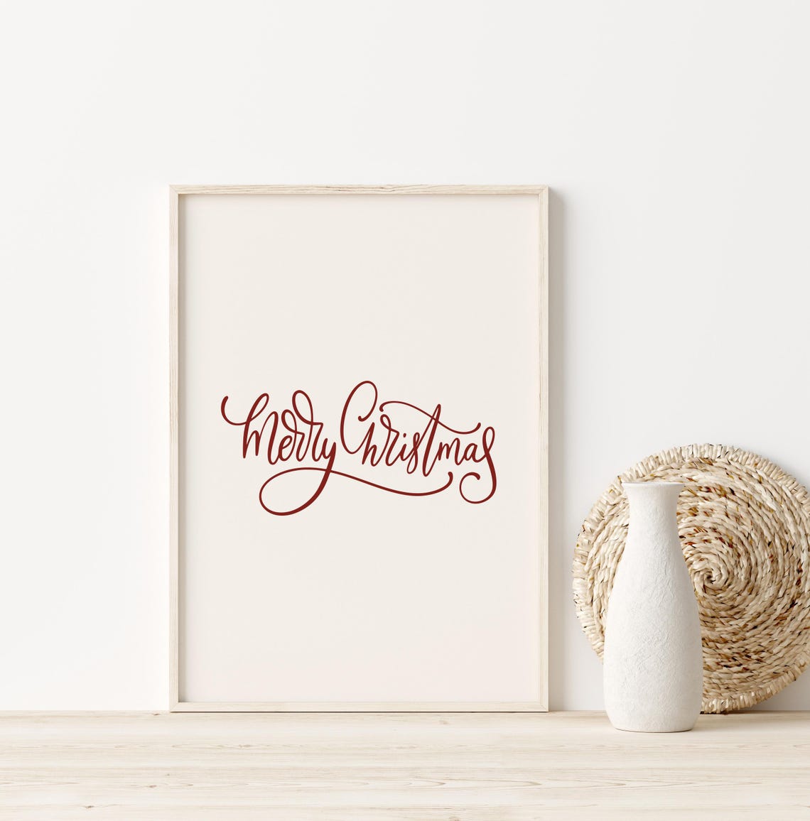 Merry Christmas Red Script Cream Minimalist Holiday Quote Print