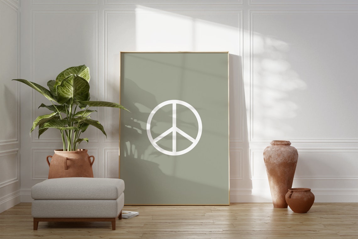 Sage Green Peace Symbol White Graphic Retro Minimalist Art Poster