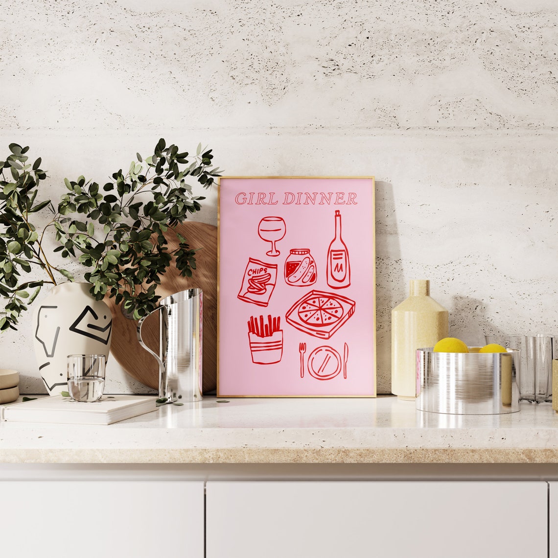 Pink Girl Dinner Snacks Retro Line Art Trendy Kitchen Print Fun - Image 2