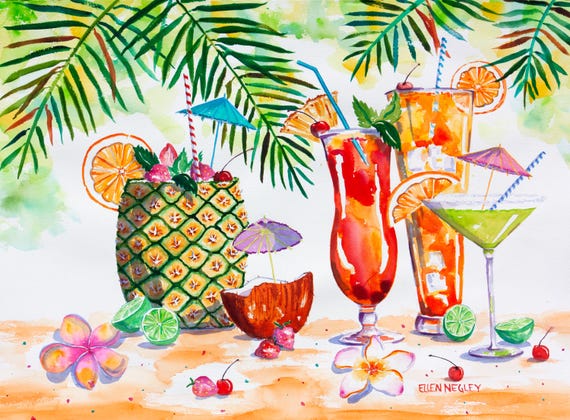 Ellen Negley Beach Watercolor Art Print, Tropical Fun