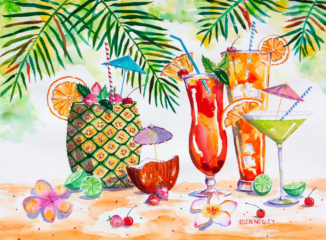 Ellen Negley Beach Watercolor Art Print, Tropical Fun