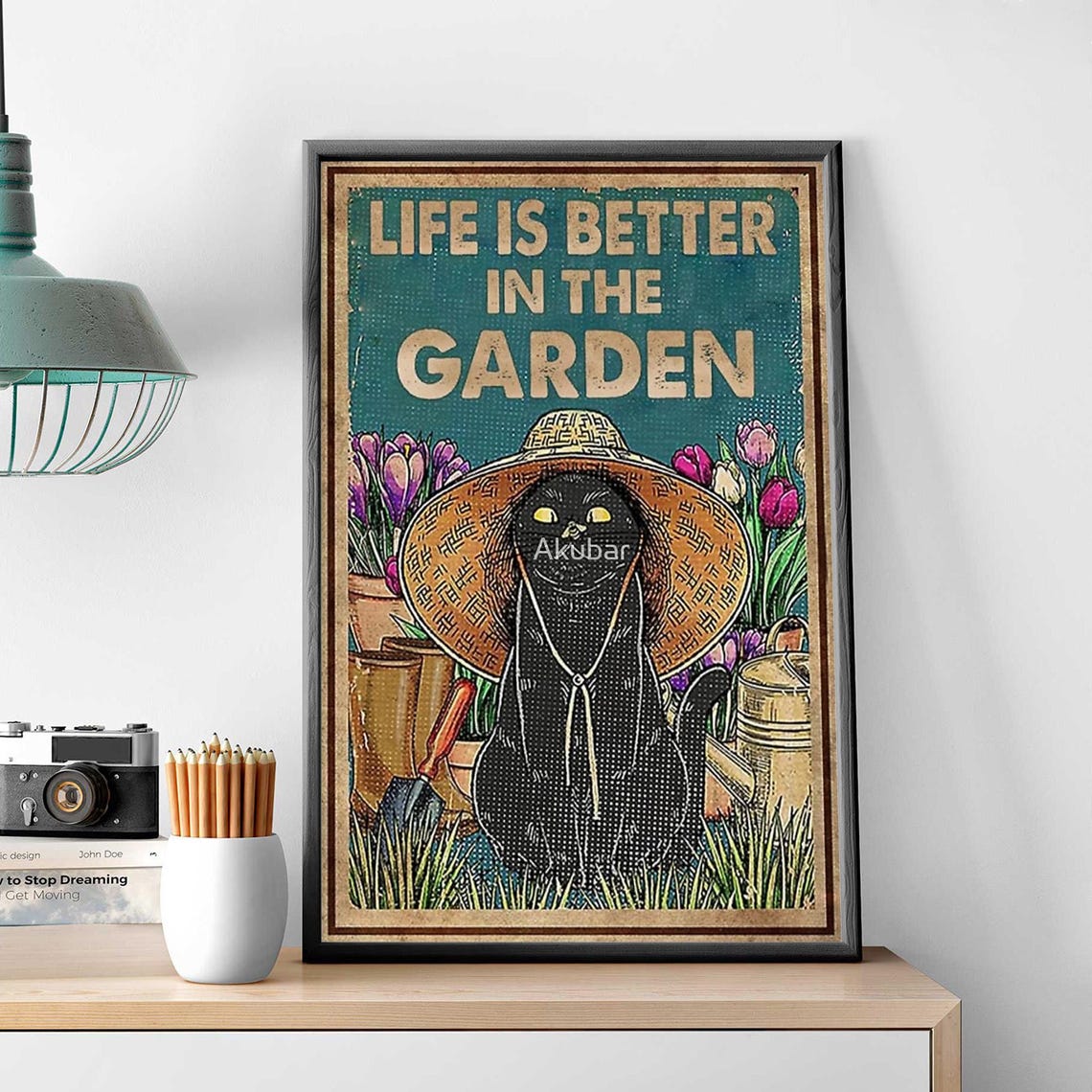 Black Cat In Garden Hat Life Is Better In The Garden Art Poster - Image 3