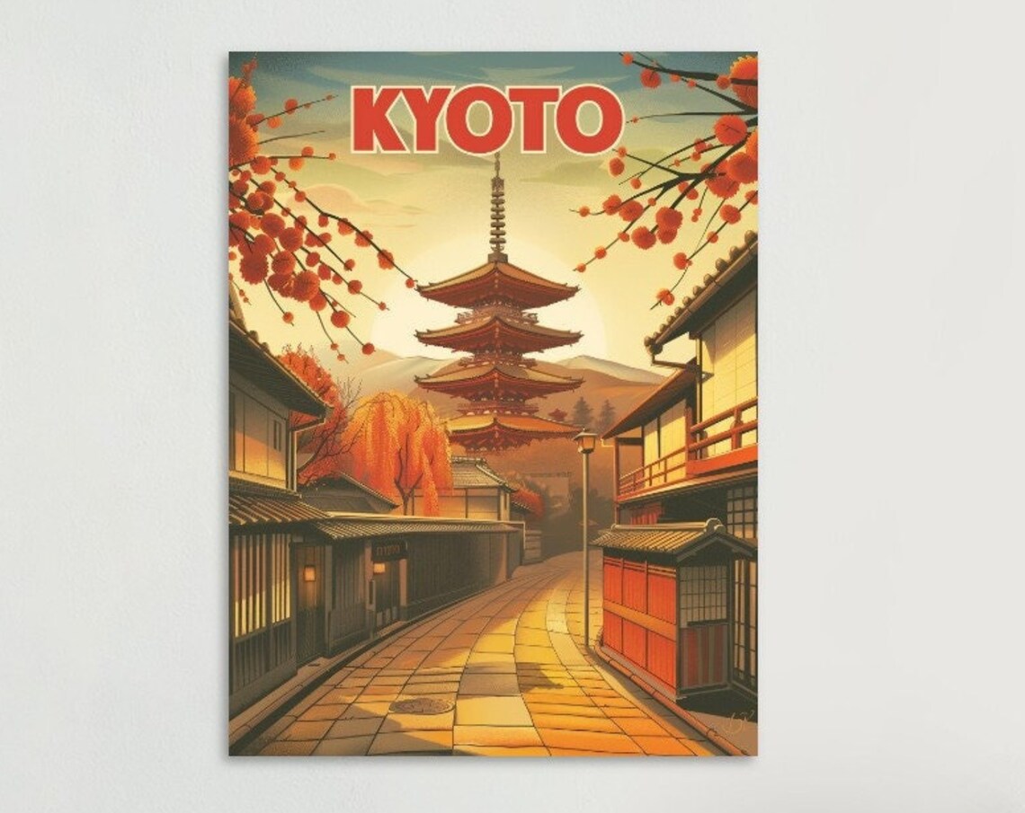 Kyoto Five Storied Pagoda Autumn Branches Street Travel Poster
