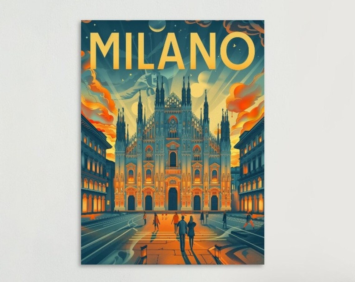 Milano Duomo Night Cathedral Vintage Italian Architecture Poster