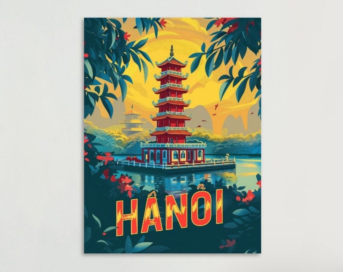 Hanoi Red Pagoda Lake Vintage Vietnam Temple Garden Poster Art