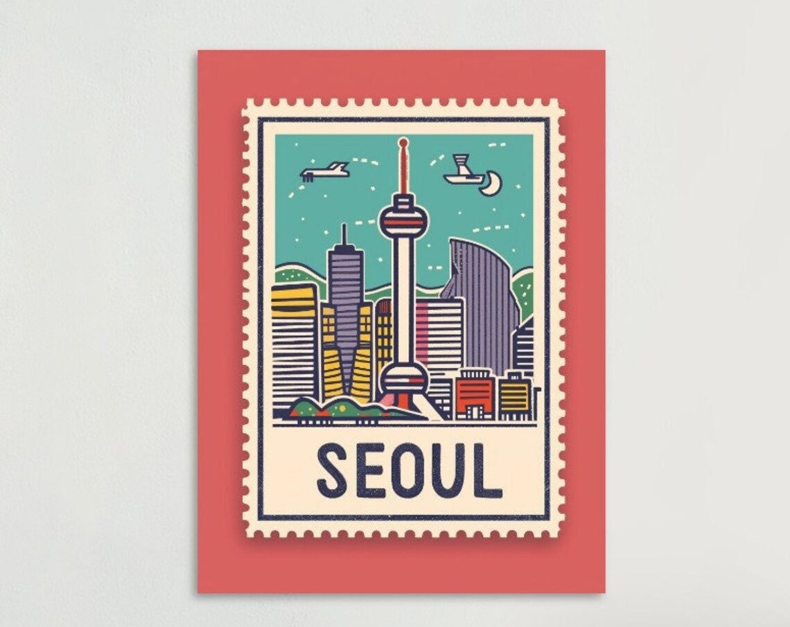 Seoul South Korea N Seoul Tower Vintage Stamp Travel Art Poster