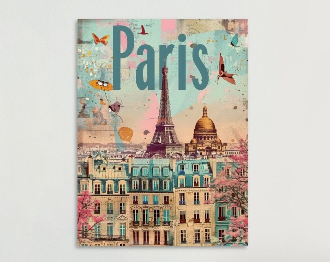 Paris Eiffel Tower Butterfly Collage Teal Vintage France Travel Poster