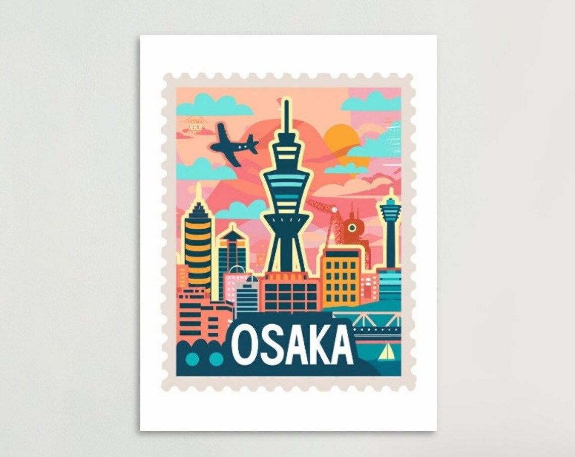 Osaka Japan Modern Tower Airplane Vintage Travel Stamp Poster