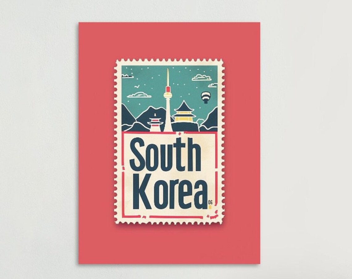 South Korea N Seoul Tower Mountains Stamp Style Travel Poster - Image 4