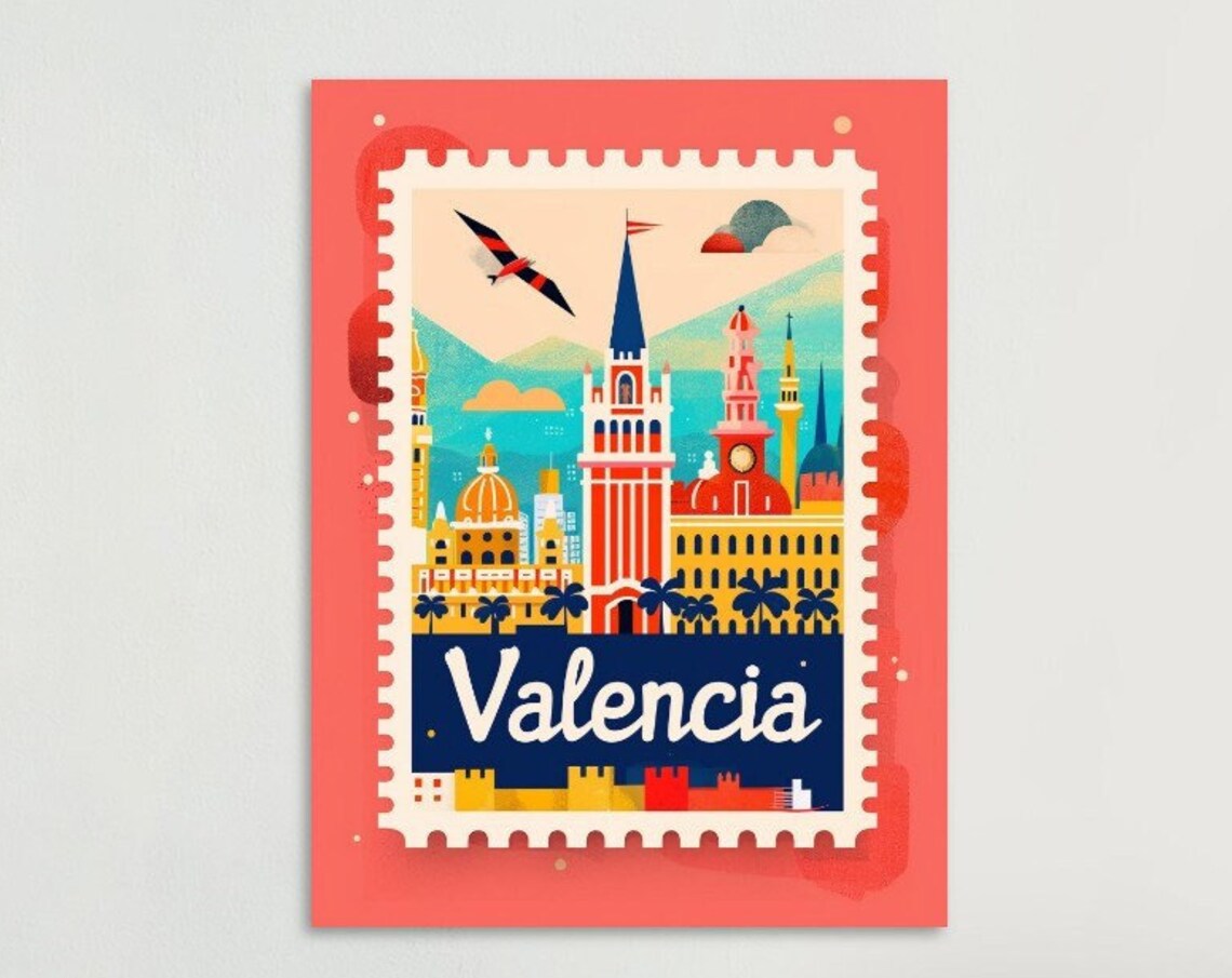 Valencia City Skyline Blue Spire Palm Trees Stamp Style Travel Poster