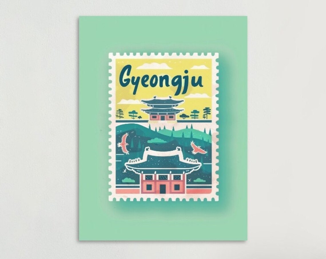 Gyeongju Korea Ancient Temples Pagoda Stamp Travel Art Poster