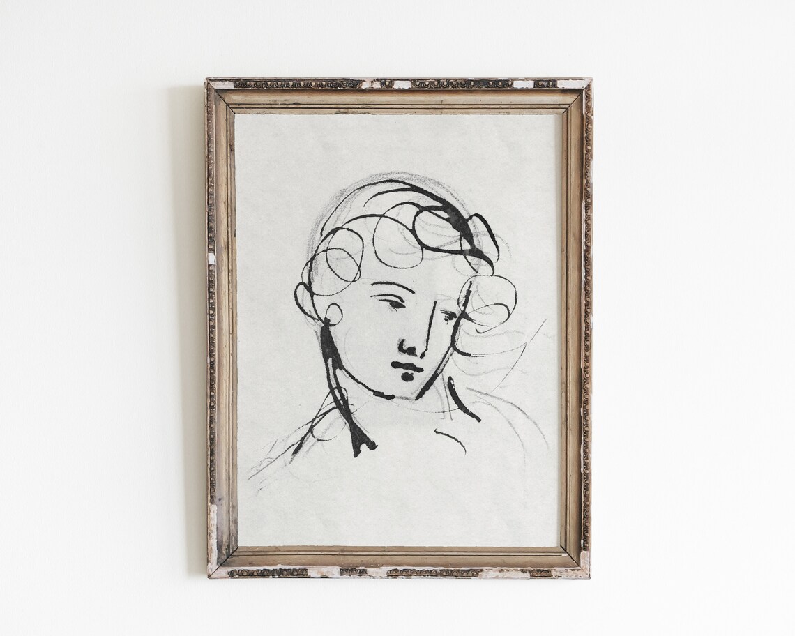 Minimalist Woman Portrait, Vintage Line Art Print