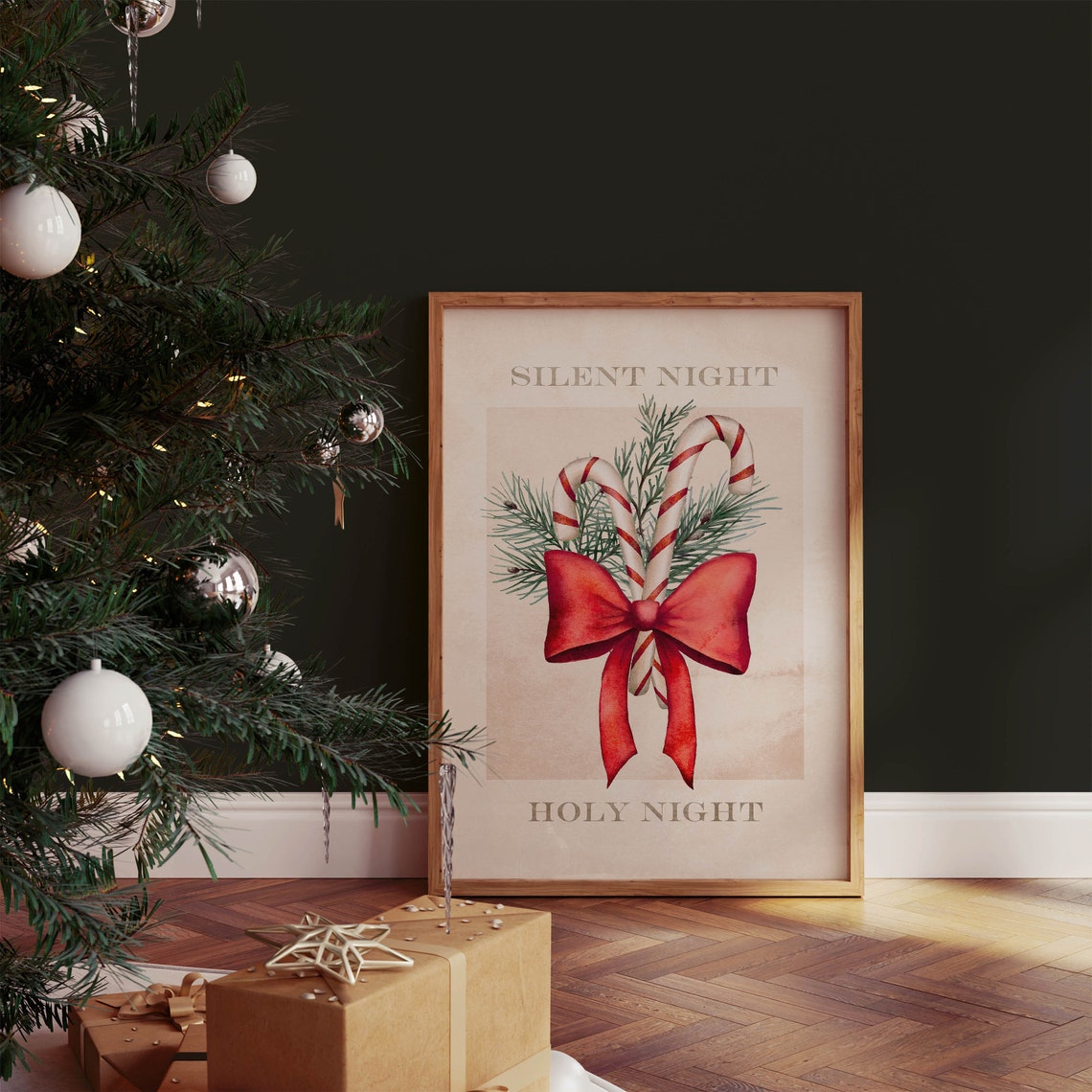 Silent Night Holy Night Watercolor Candy Cane Christmas Art Poster - Image 2