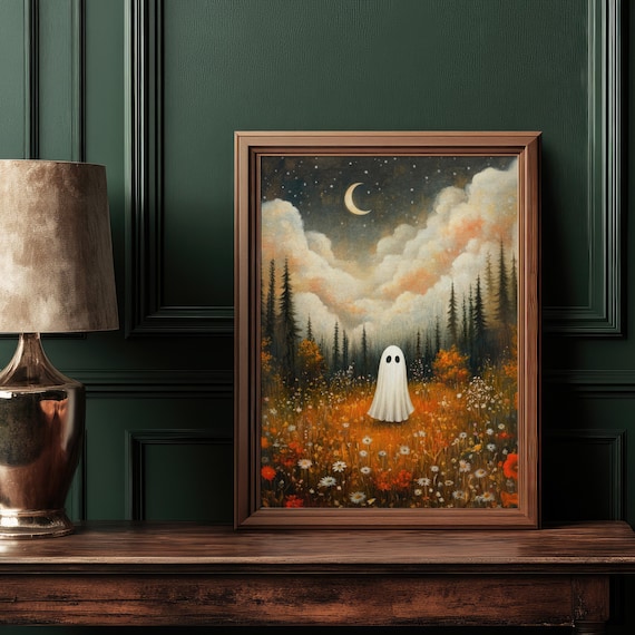 Cute Ghost in a Golden Autumn Wildflower Meadow at Night Poster