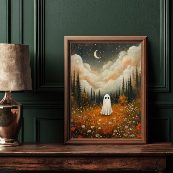Cute Halloween Ghost Wall Art Fall Painting Vintage Decor Ghost Art Print Whimsical Decor Halloween Print Landscape Print Spooky Decor