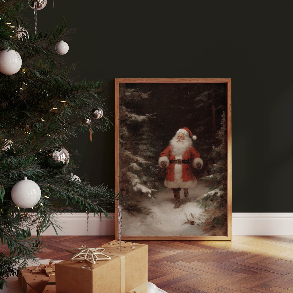 Santa Claus Walking Snowy Forest Night Vintage Christmas Moody Wall Art - Image 2