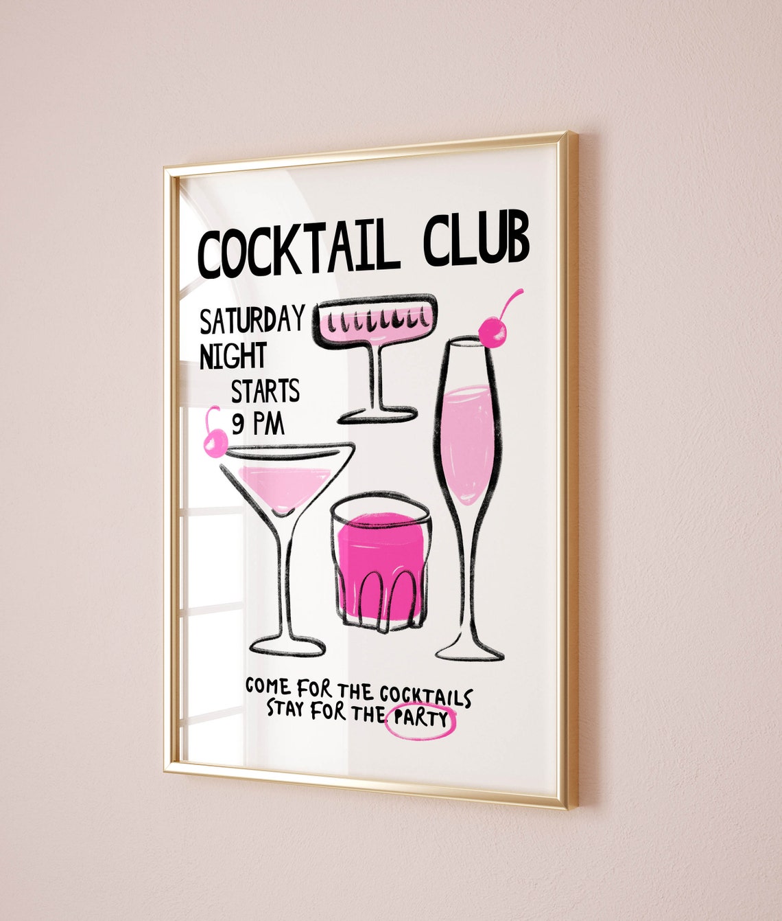 Cocktail Club Pink Martini Party Hand Drawn Kitchen Bar Art Print - Image 2