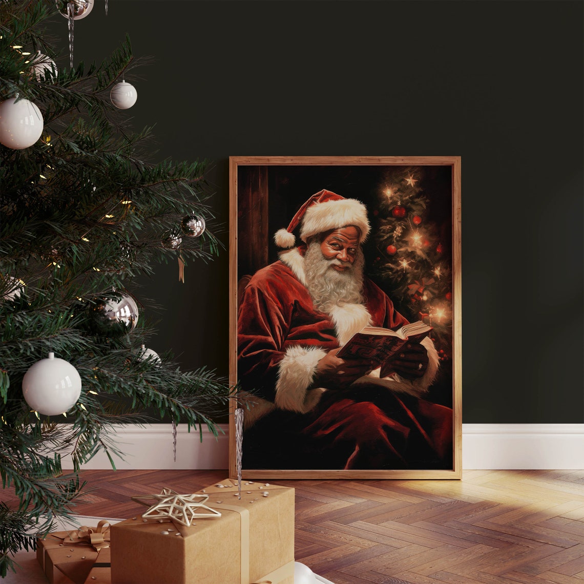 Cozy Santa Claus Reading by the Christmas Tree Rustic Holiday Poster - Image 2
