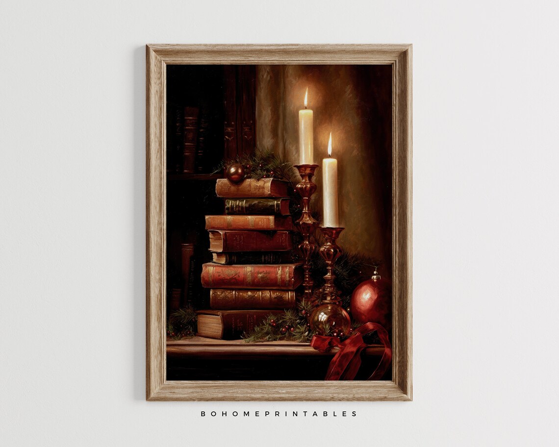 Vintage Christmas Books Candles Ornaments Dark Oil Painting Poster