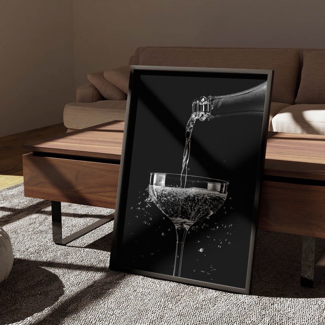 Champagne Bottle Pouring Coupe Black White Bar Cart Art Print - Image 2