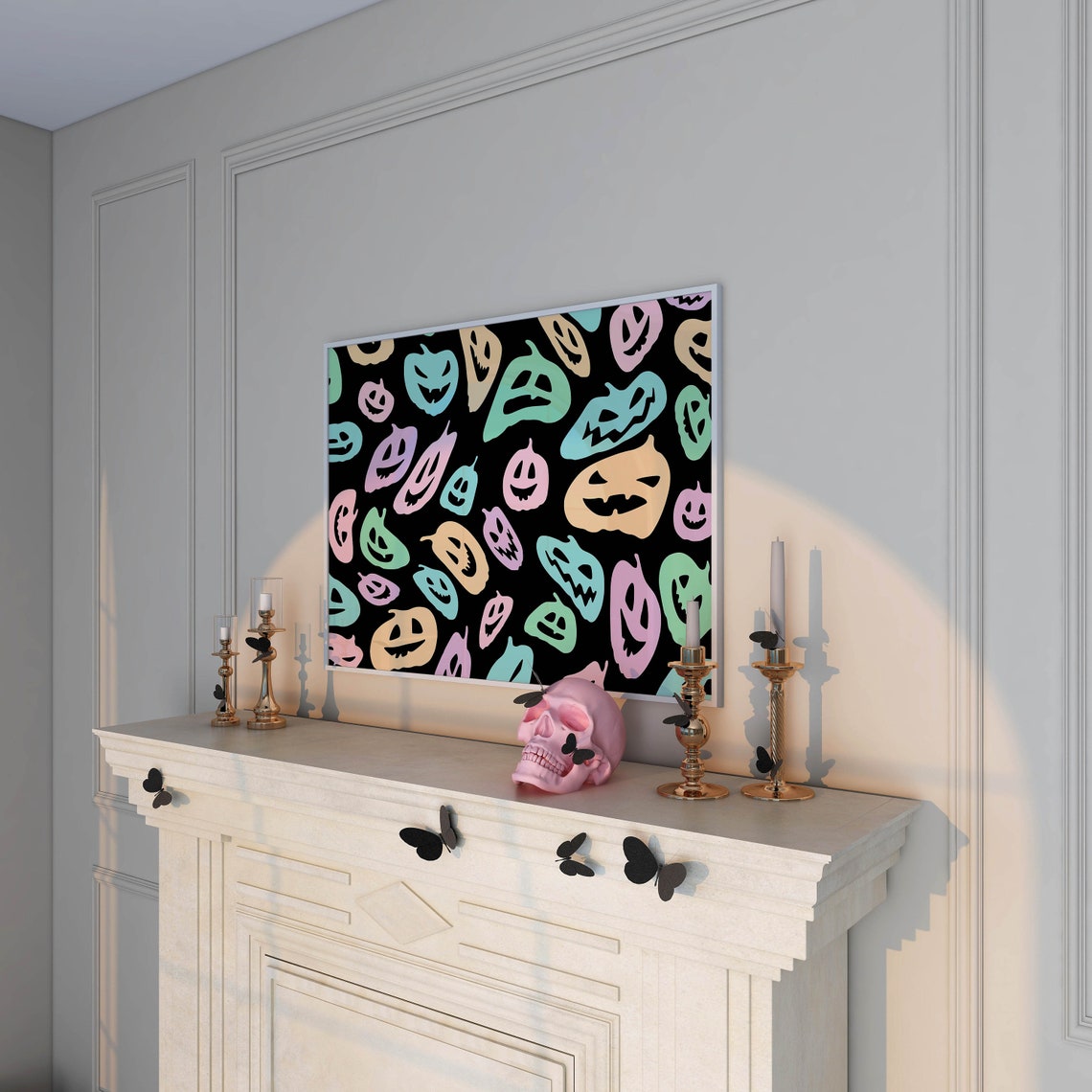 Pastel Jack-o-Lantern Pumpkin Pattern Black Halloween Wall Poster - Image 2