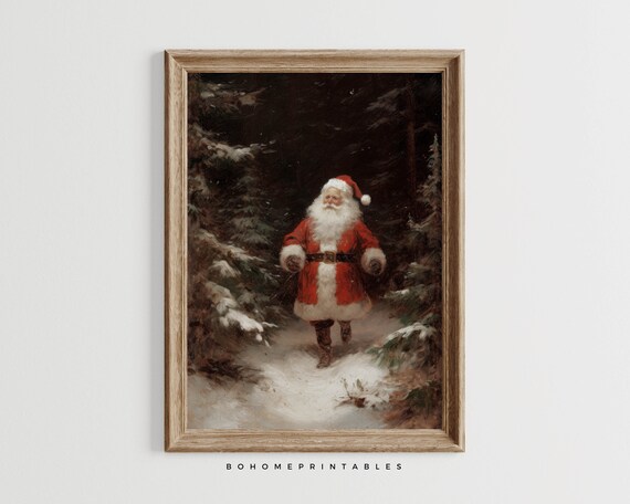 Santa Claus Walking Snowy Forest Night Vintage Christmas Moody Wall Art