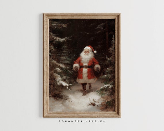 Santa Clause Christmas Painting Forest Wall Art Rustic Christmas Home Decor Farmhouse Christmas Wall Art Moody Landscape Oil Painting Print