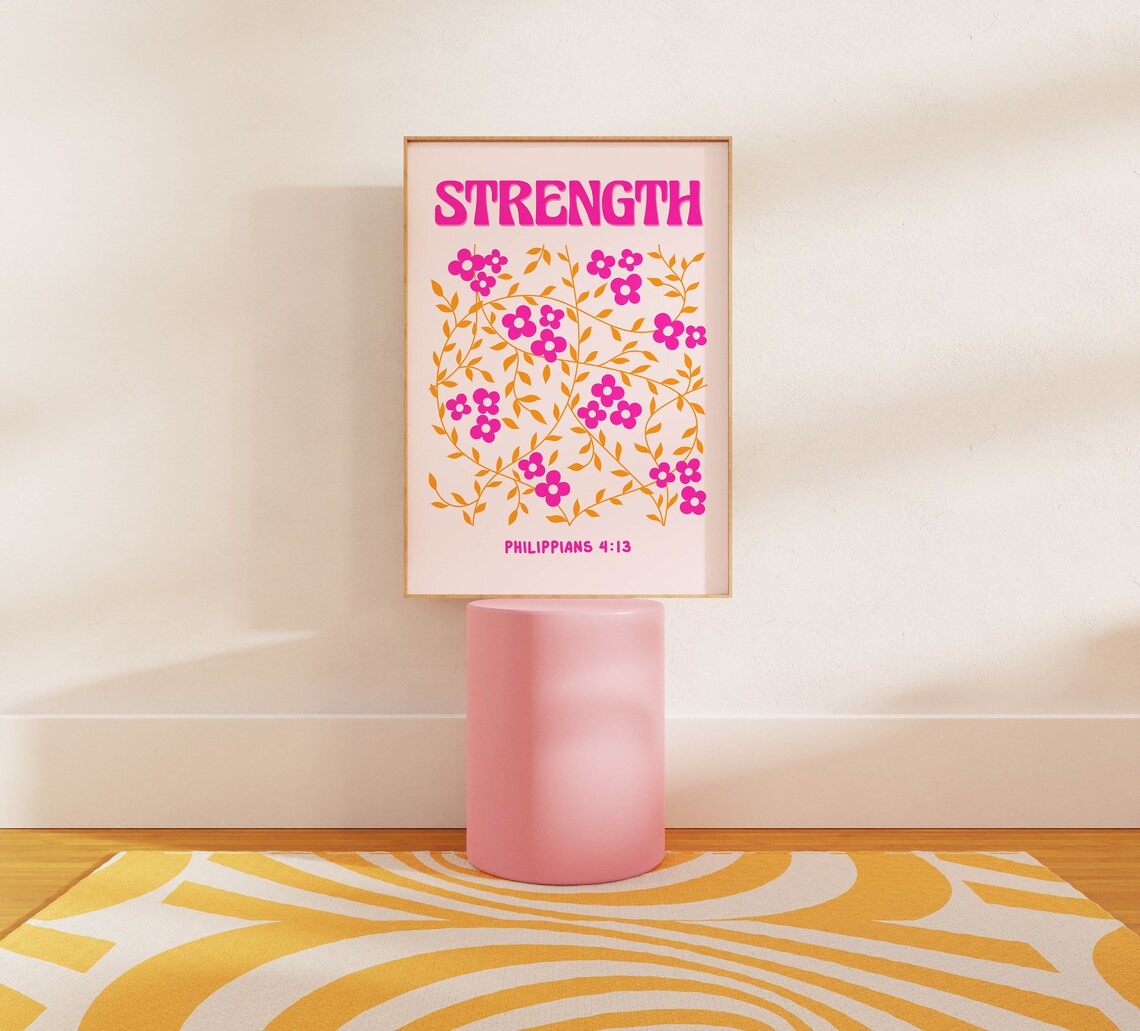 Strength Philippians 4:13 Hot Pink Floral Bible Verse Wall Poster - Image 2