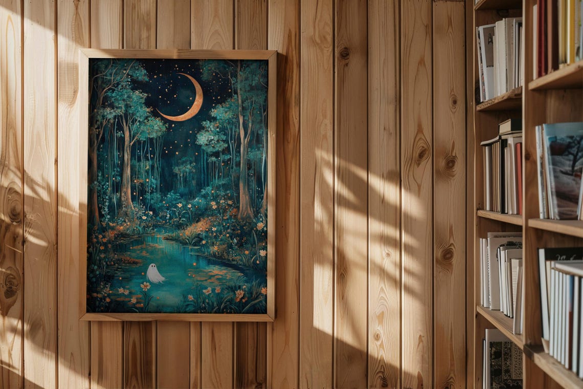 Tiny Ghost at a Moonlit Forest Pond Under a Crescent Moon Poster - Image 2