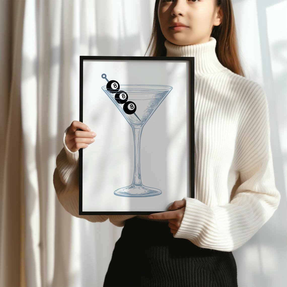 Tall Martini Glass with Eight Ball Olive Picks Blue Line Art Poster - Image 2