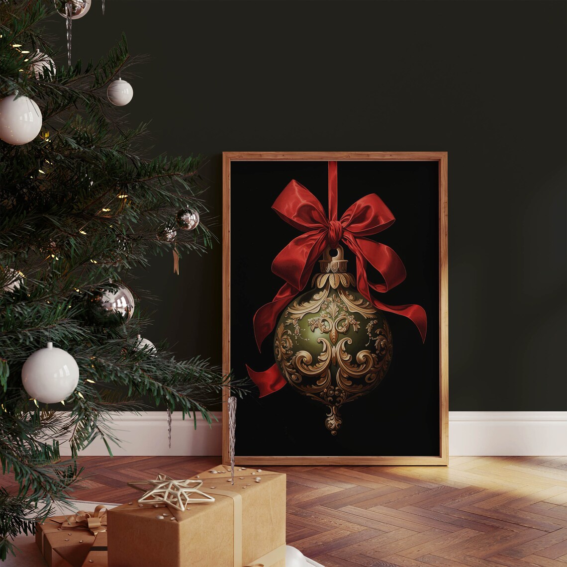 Ornate Green Christmas Bauble Red Bow Vintage Holiday Poster - Image 2