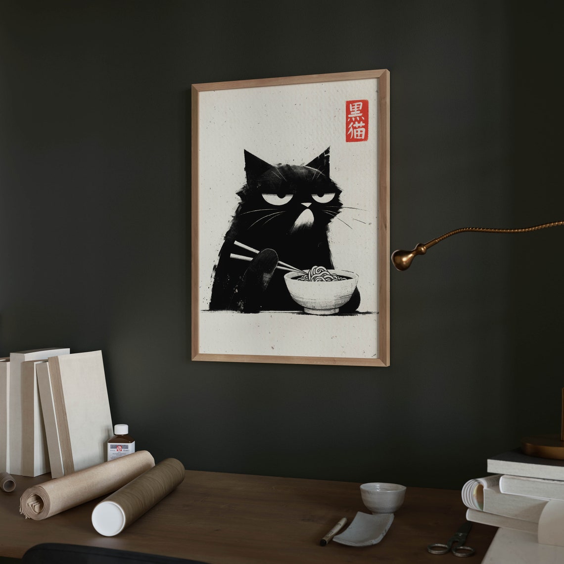 Grumpy Black Cat Eating Ramen Japanese Style Funny Kitchen Art Poster - Image 3