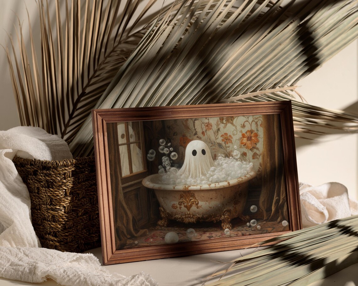 Cute Ghost Bubble Bath By Window With Friend Vintage Halloween Poster - Image 2