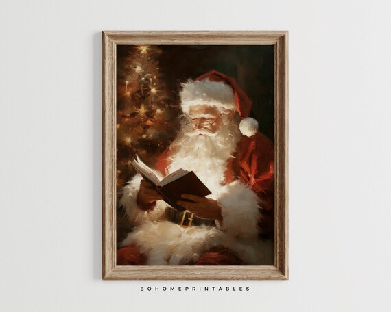Vintage Santa Claus Reading Book Oil Painting Christmas Poster