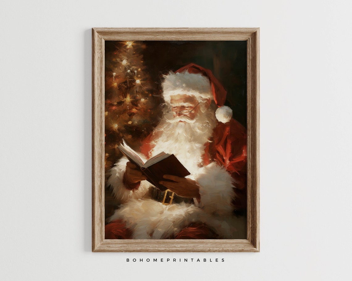 Retro Santa Claus Reading Farmhouse Christmas Print Retro Christmas Holiday Decor Living Room Art Vintage Christmas Oil Painting Book Art