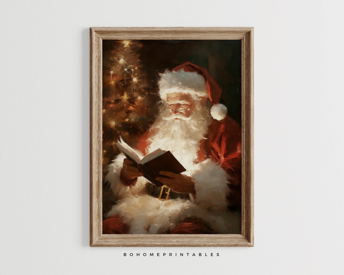 Vintage Santa Claus Reading Book Oil Painting Christmas Poster