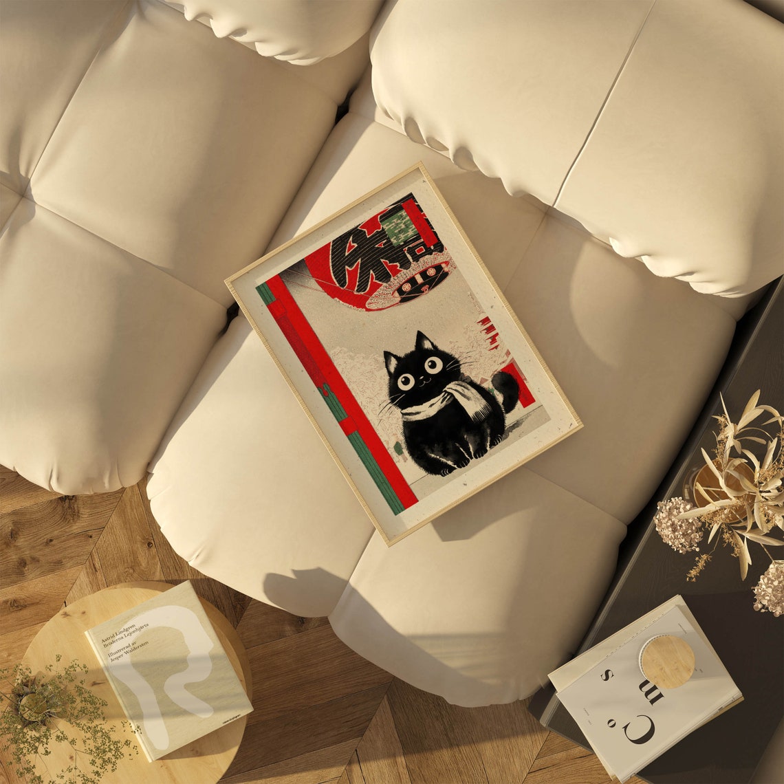 Cute Black Cat Japanese Ukiyo-e Style Winter Temple Lantern Red Poster - Image 2