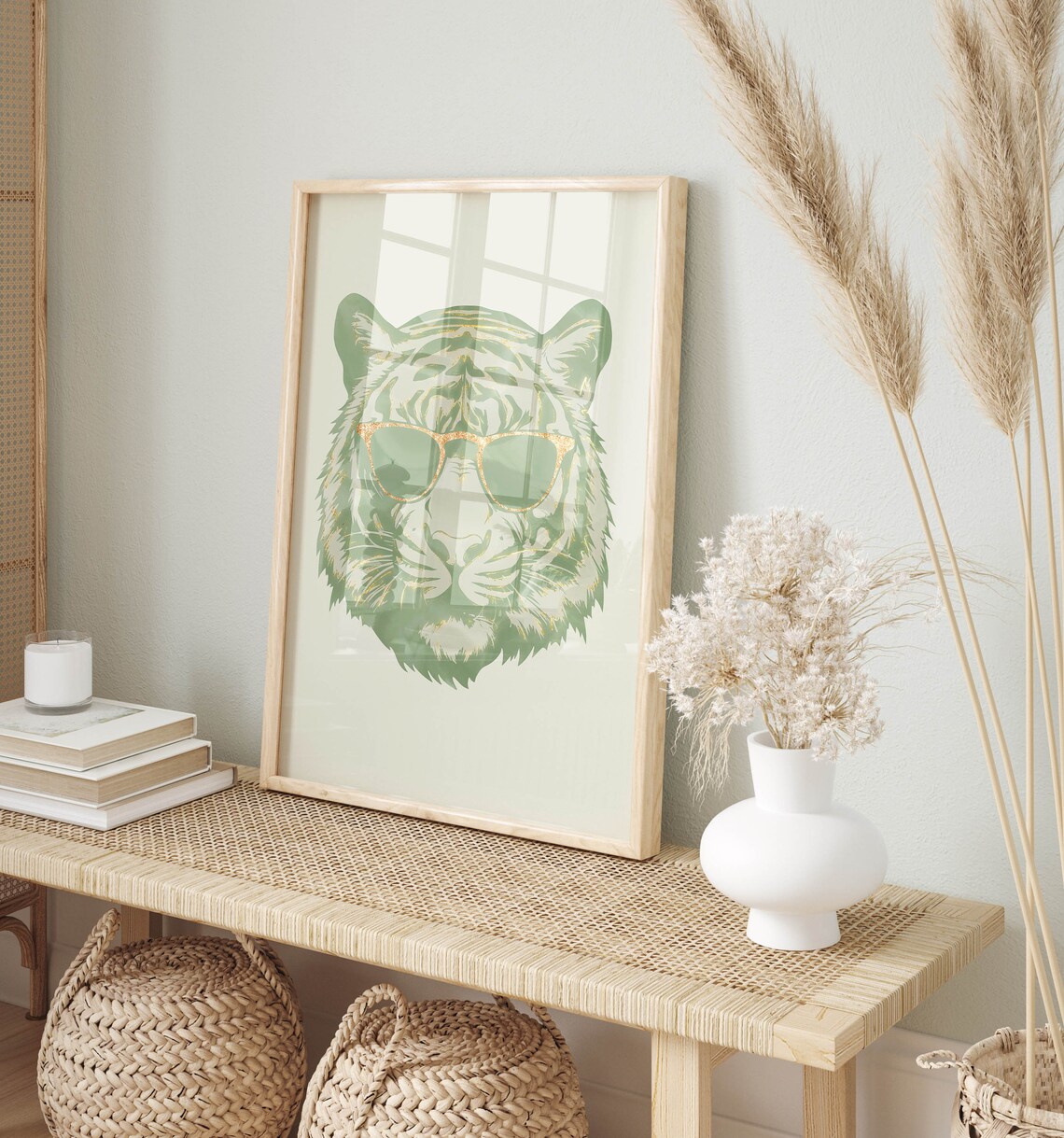 Sage Green Tiger Wearing Sunglasses Trendy Minimalist Art Poster - Image 2