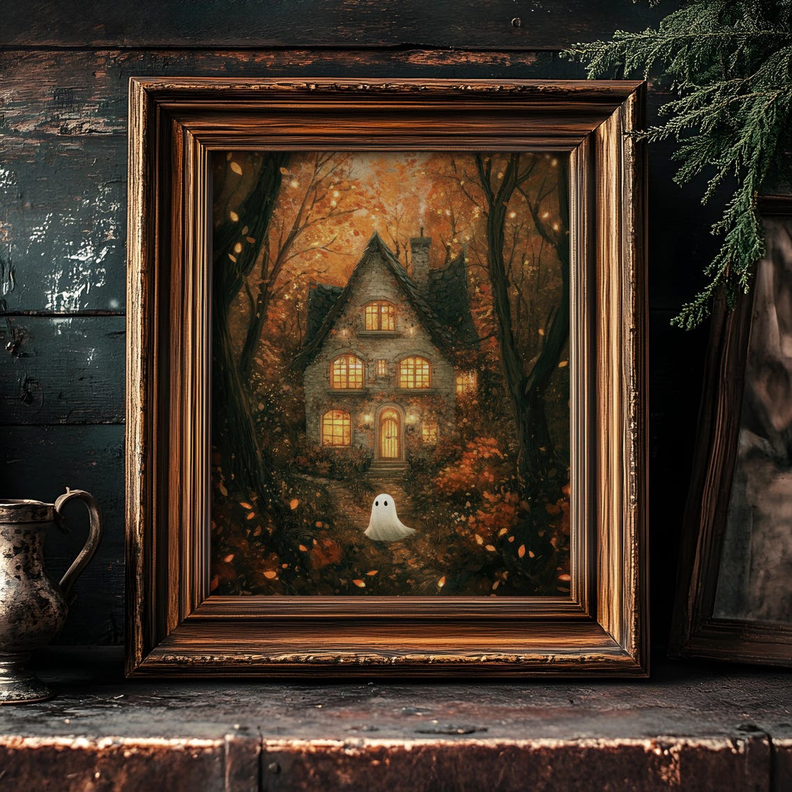 Whimsical Cozy Ghost in Autumn Forest Cottage Halloween Poster - Image 2