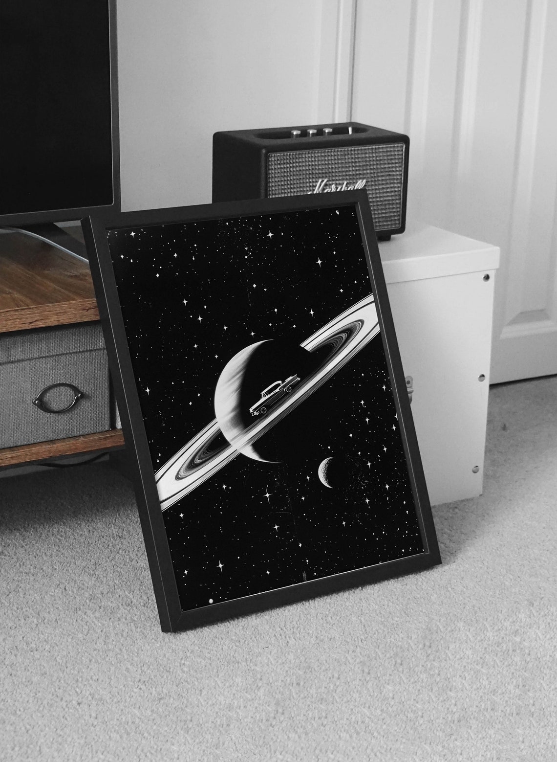 Vintage Car Driving on Saturn Rings Black White Space Poster - Image 2