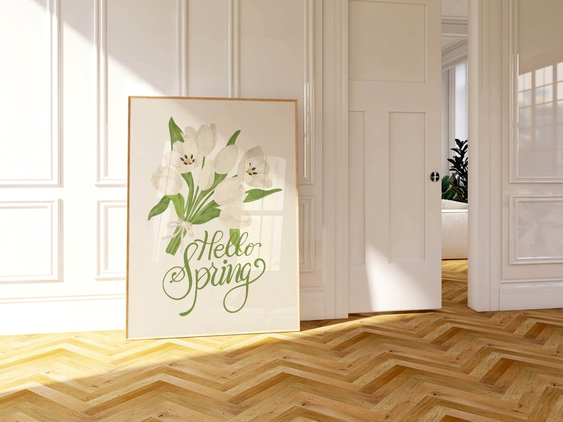 Hello Spring White Tulips Bouquet Watercolor Floral Art Poster - Image 2