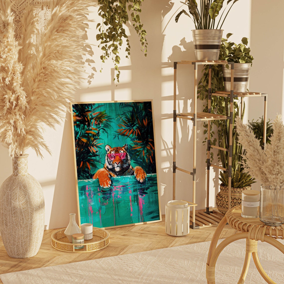 Tiger Wearing Pink Sunglasses Pool Tropical Maximalist Funny Animal Wall Art - Image 3