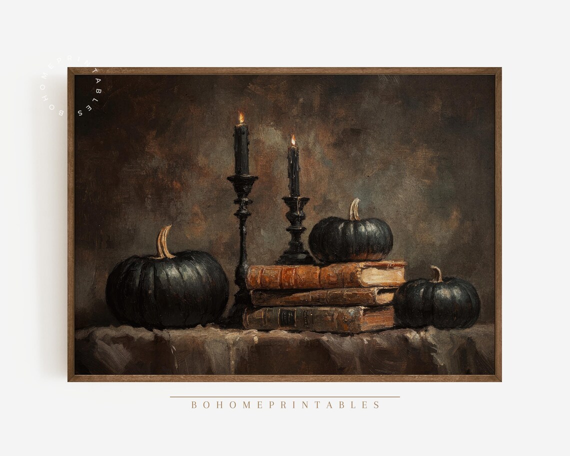 Moody Still Life Black Pumpkins Candles Books Halloween Print - Image 2