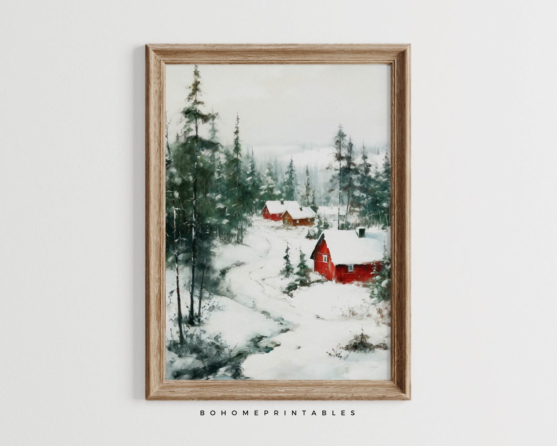 Red Cabins In Snowy Pine Forest Rustic Winter Landscape Poster